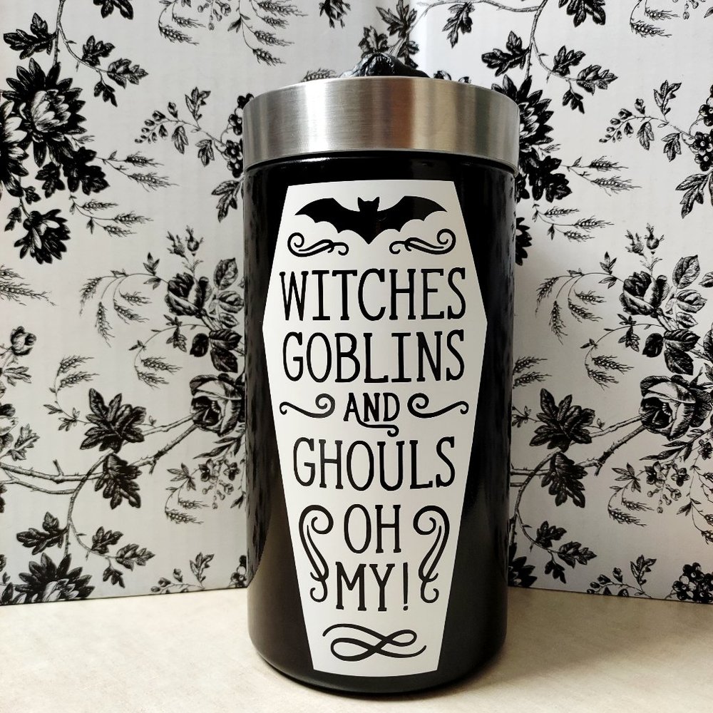 9.5" Black GHOUL Coffin Glass Storage Jar with GOBLIN Lid | Goth Kitchen Decor